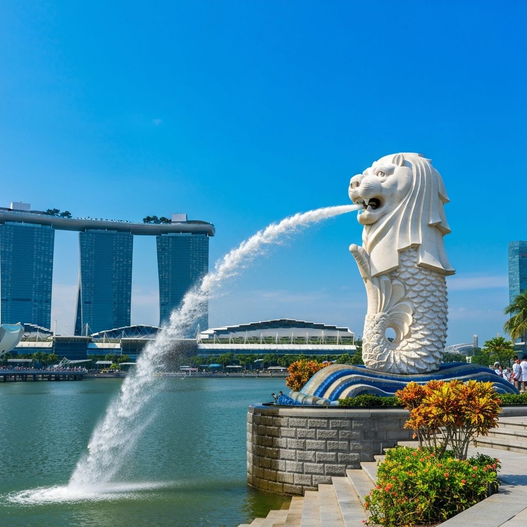 鱼尾狮公园的标志性鱼尾狮雕像喷水，背景是滨海湾金沙